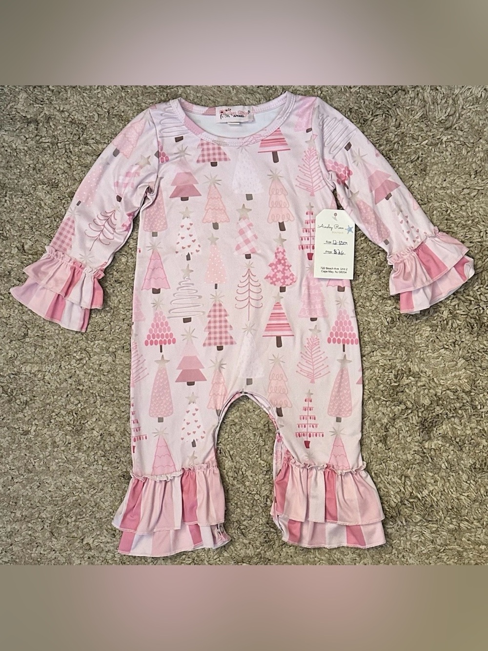 Clover Cottage Apparel Baby Girl 12-18M Pink Christmas One-Piece Sleeper Pajamas